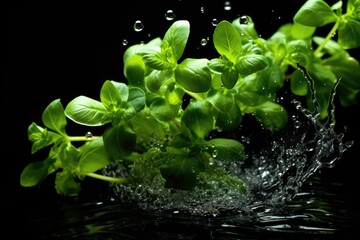 Marjoram , Throw it into the water and spread it out , vegetable , black background.