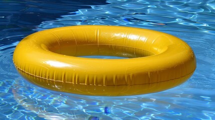 Bright yellow pool float ring drifting in crystal clear blue swimming pool water