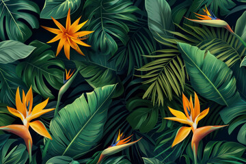 Fototapeta na wymiar Pattern wallpaper of tropical dark green leaves of palm trees and flowers bird of paradise.