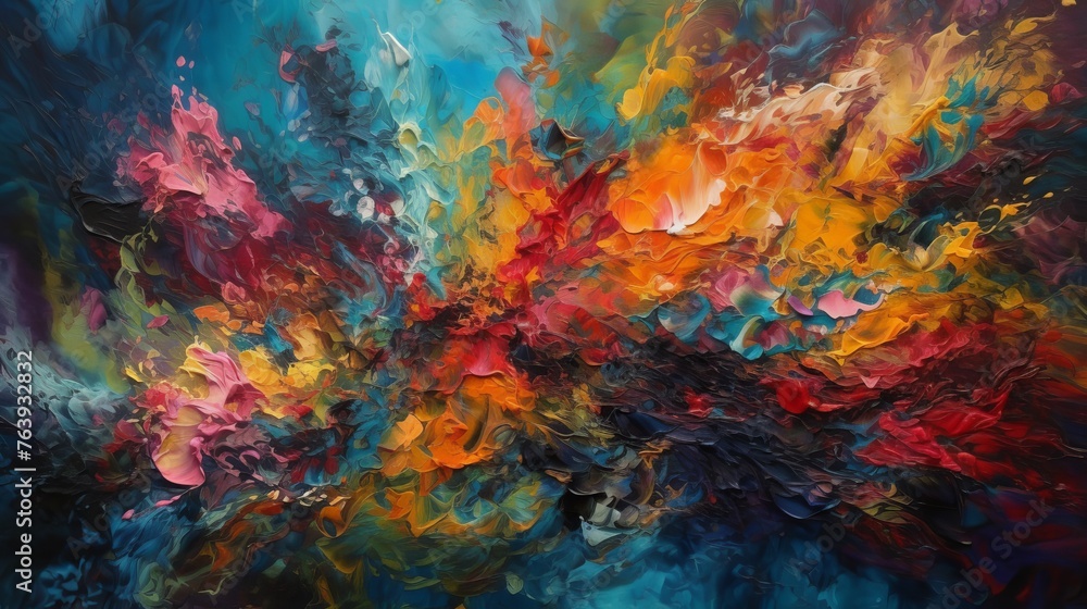 Poster abstract artwork showcasing a deluge of colors, blending dynamically to create a visual feast that s