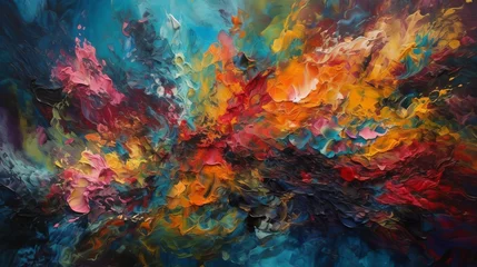 Fotobehang Abstract artwork showcasing a deluge of colors, blending dynamically to create a visual feast that stimulates the imagination © Zhanna