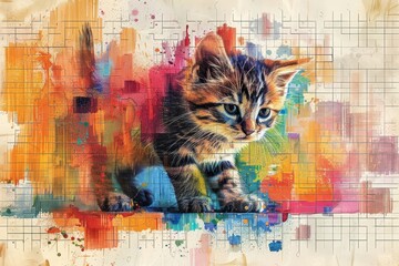Puzzle game grid Ink Wash Playful Kitten Whimsical Rainbow Enigmatic Curiosity ,