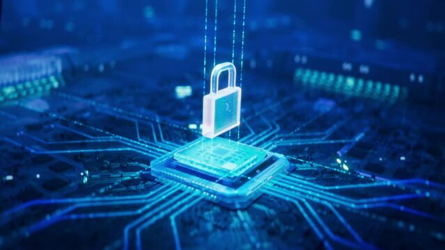 Beautiful 3D Animation of Futuristic Microchip and Lock Symbol Appearing that Represent Cybersecurity and Data Protection in Digital Space. Next Generation Chip for Threat Detection and Neutralization
