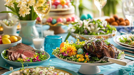  Easter table setting at home, traditional meal with dishes like roasted lamb, colorful deviled eggs, fresh spring salads