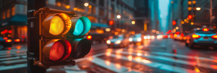 A traffic light with red, yellow and green lights in the city. Close-up of a traffic light on street.banner
