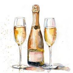 Festive bottle of champagne and glasses filled with sparkling wine. Illustration for holidays meetings, special occasions or invitations and greeting cards. Watercolor style Generative AI