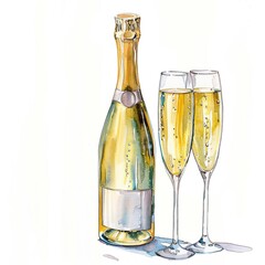 Bottle of champagne and two glasses of sparkling wine. Illustration for event design, holiday meetings, club menu design or invitation cards. Watercolor style Generative AI