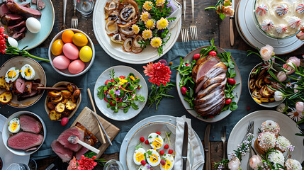 Easter table setting at home, traditional meal with dishes like roasted lamb, colorful deviled eggs, fresh spring salads