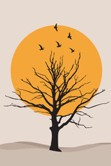 boho sun with empty tree birds landscape vector wall art illustration