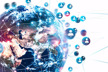 Fototapeta premium Globe with network connections and floating social media icons on white background