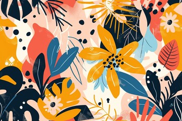 Tropical flowers exotic leaves create seamless pattern for fabric and home decor, wallpaper or wrapping. Stylish modern botanical design for vibrant interiors Generative AI