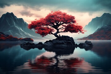 a tree on a rock in water