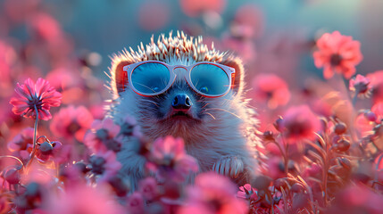 hegdehog surrounded by pink flowers