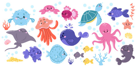 Vector set of wild marine animals and fish. Cute marine life