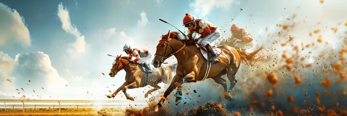 Energetic horse racing scene, jockeys riding fiercely with a dramatic cloud-filled sky as backdrop. - obrazy, fototapety, plakaty