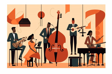 Fototapeta premium Jazz concert in cartoon style.Jazz Day. Music band.