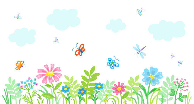 Summer blooming meadow with clouds and butterflies. Isolated on white background. Vector illustration