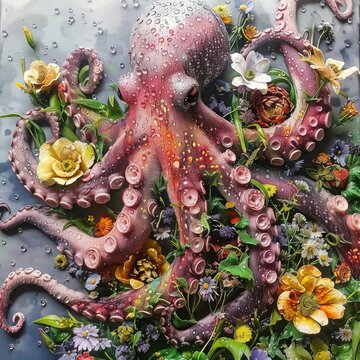 Beautiful octopus made of wildflowers in fantasy style. Colorful illustration of octopus monster in an original floral style with dewdrops, spring flowers. Romantic picture, marine fauna, creativity