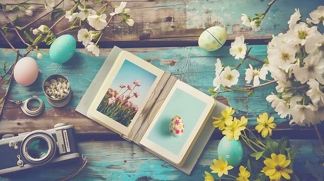 A photo album placed on a wooden table, filled with nostalgic instant camera print, Happy Easter day moments in spring