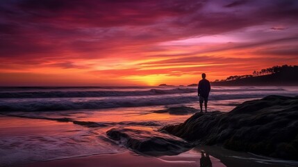 A solitary figure stands contemplatively on a rocky beach, silhouetted against a breathtaking sunset with vibrant red and purple hues.
