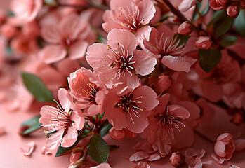 Fototapeta premium Peach blossoms, flowers spread out on a desk, deep pink blossoms with a hint of crimson in the background, fresh colour tone, no yellow flowers, pink colour tone, distinct colour, bright, well-lit, fl