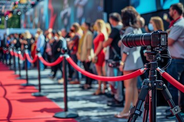 Red carpet rolling out in front of glamorous movie premiere with paparazzi in the background - obrazy, fototapety, plakaty
