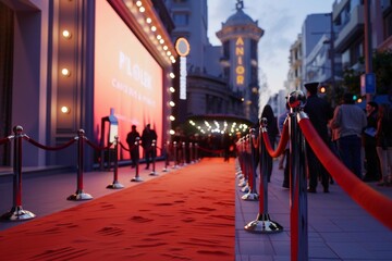 Red carpet rolling out in front of glamorous movie premiere with paparazzi in the background