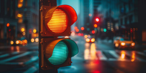 A traffic light with red, yellow and green lights in the city. Close-up of a traffic light on street.banner
