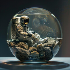 Astronaut encapsulated within transparent sphere, surrounded by rocks. Astronaut appears to be floating, offering surreal, otherworldly visual experience that blurs lines between reality and fantasy - 763934487