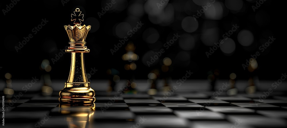 Wall mural Golden king chess piece on board signifies business success and leadership for strategic planning