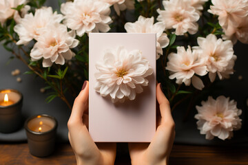 hand holding a white flower Beautiful hands holding a blank greeting card vertically in a mockup