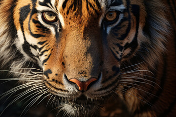 Obraz premium Hyper-real close-up of a tiger's face, refined with feathering brushstrokes for smooth transitions сreated with Generative Ai