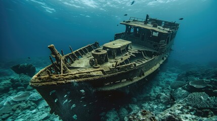 Wreck of a sunken ship in the depths of the sea. Generative AI