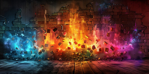  broken wall with colorful blocks on Graffiti brick wall background, banner