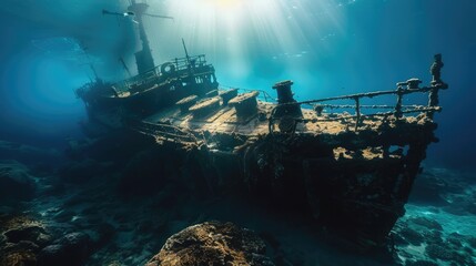 Wreck of a sunken ship in the depths of the sea. Generative AI - obrazy, fototapety, plakaty