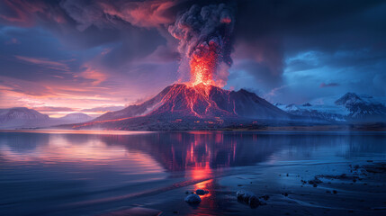 Volcanic eruption with lava and smoke over a mountain, reflected on water at twilight. Nature and landscape concept. Generative AI