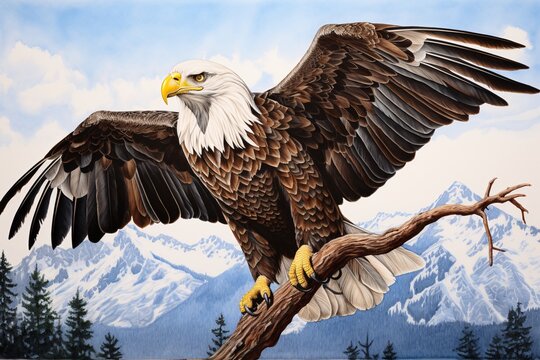 a painting of a bald eagle on a branch with mountains in the background