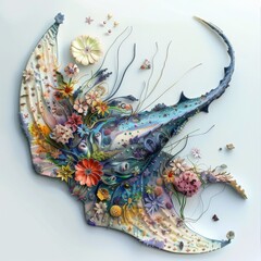 Fototapeta premium Beautiful sea Stingray Manta ray made of wildflowers in fantasy style. Colorful illustration of Manta ray monster in an original floral style with dewdrops, spring flowers on white background.