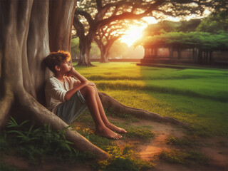 ein Junge Heranwachsender sitzt barfuß nachdenklich allein in einem alten Garten Baum Schaukel im Abendlicht der goldenen Stunde Teenager Gefühle ängstlich traurig träumend verlassen einsam emotional 