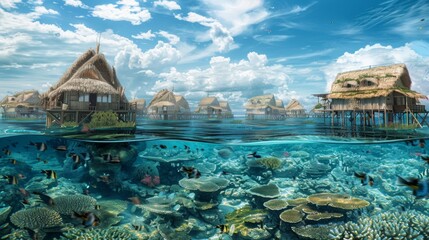 Flourishing Freedive Villages: Human-Powered Ocean Settlements and conceptual metaphors of Human-Powered Ocean Settlements - obrazy, fototapety, plakaty