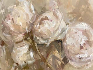 Abstract painting-style poster showcasing a whimsical arrangement of white peonies, rendered in impressionism style with a soft palette that adds a touch of charm and whimsy