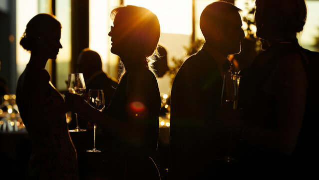 Silhouetted guests enjoying an elegant evening soiree at sunset.