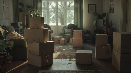 Living room in moving chaos, with boxes signaling a fresh start. - obrazy, fototapety, plakaty