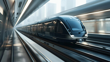 Futuristic high-speed train blurs through a modern, streamlined tunnel.