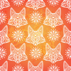 Fox mandala ornament. Vector illustration. Flower Ethnic drawing. Fox animal in Zen boho style. Orange Boho, hippie pattern - 763935697