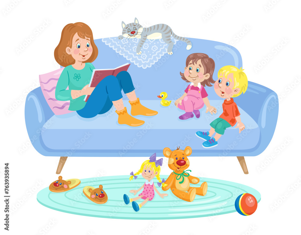 Sticker Mom reads a book to her children while sitting on the sofa. Isolated on white background. Vector flat illustration.21