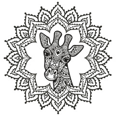 Giraffe mandala. Vector illustration. Adult coloring page. animal in Zen boho style. Sacred, Peaceful. Tattoo print ornaments. black and white - 763936032