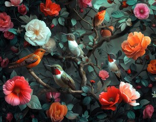 Beautiful painting of birds perched on a tree branch with blooming flowers and a red rose in the background - obrazy, fototapety, plakaty