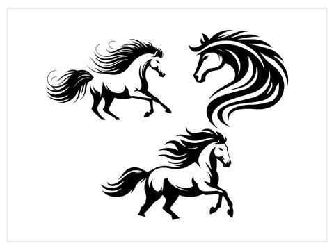  Horse cartoon isolated,Hand drawn animals silhouette set,Hand drawn horse head ,Flat design horse silhouettes,