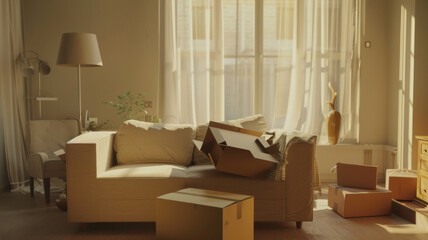 Warm sunlight filters through the curtains of a cozy, well-furnished living space amidst moving boxes.